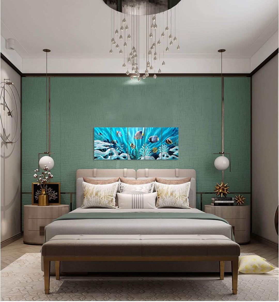 Fish Metal Wall Art Hand Crafted Large 3D Sea Life Pictures Modern Abstract Coastal Aluminum Artwork Contemporary Sculpture for Living Room Bedroom Dinning Decor