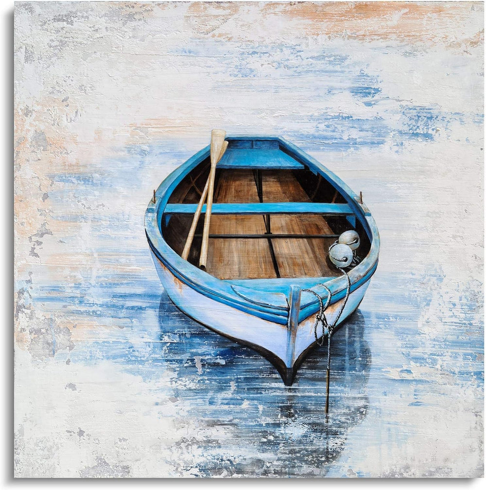 Coastal Canvas Wall Decor Hand Painted Light Blue Sailing Boat Painting Square Pictures Modern Abstract Nautical Artwork for Living Room Bedroom Bathroom Decoration