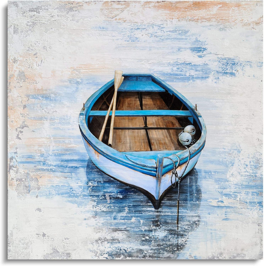Coastal Canvas Wall Decor Hand Painted Light Blue Sailing Boat Painting Square Pictures Modern Abstract Nautical Artwork for Living Room Bedroom Bathroom Decoration