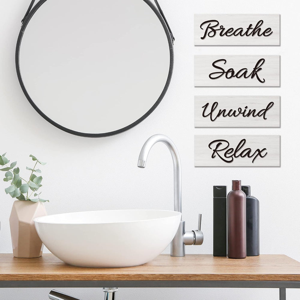 4 Pack Farmhouse Bathroom Wall Decors, Relax Soak Unwind Breathe Signs Funny Vintage Bathroom Wooden Wall Art Rustic Primitive Wooden Decorations for Home Laundry Room Bathroom, White Decor