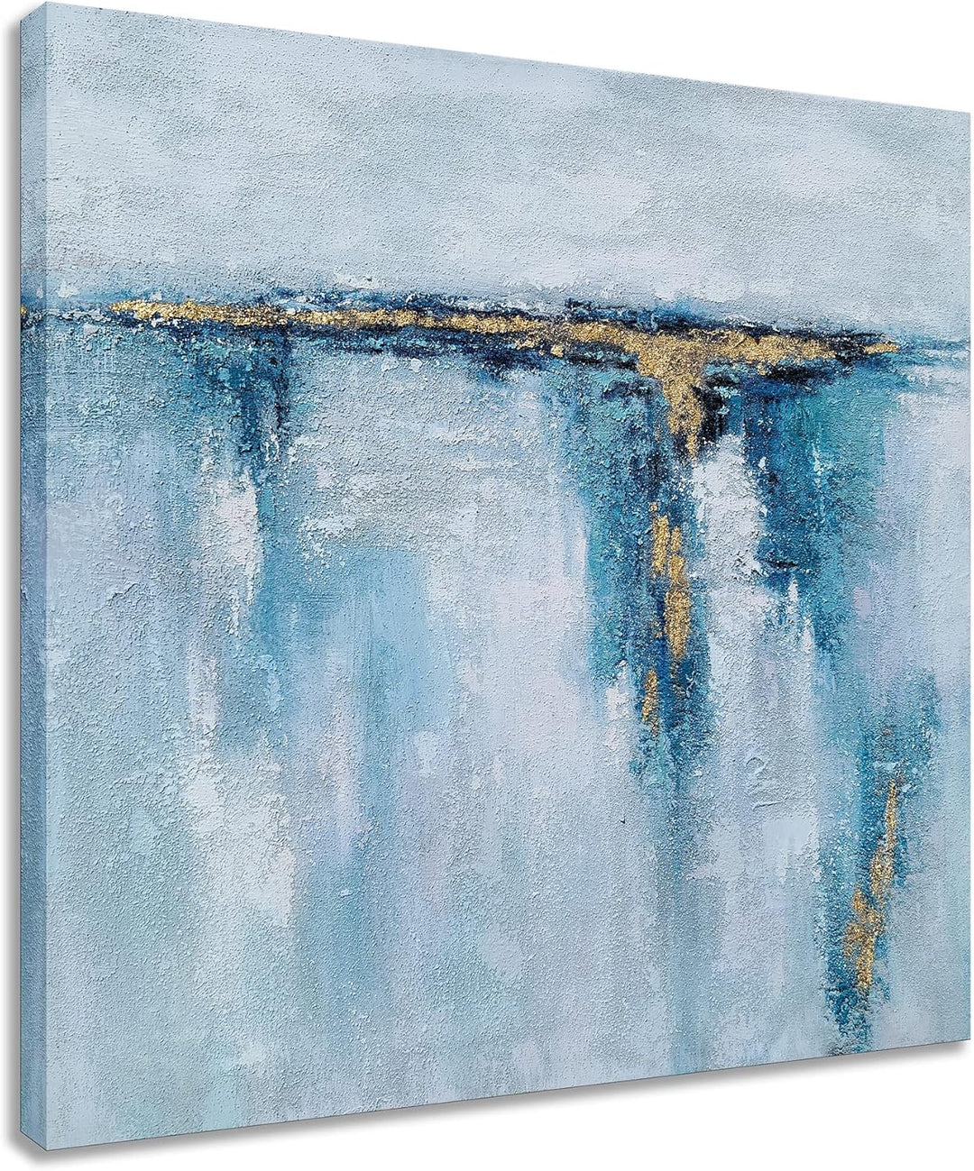 Abstract Ocean Canvas Wall Art with Gold Foil Hand Painted Modern 3D Coastal Paintings Contemporary Square Pictures for Living Room Bedroom Bathroom Decor