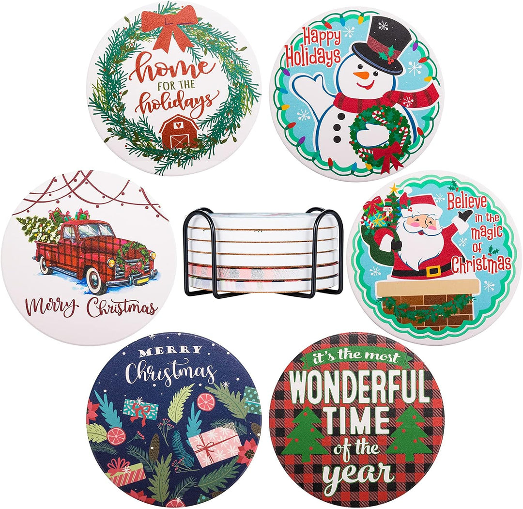 Drink Coasters with Holder Absorbent Ceramic Coaster Set of 6 with Cork Base, Christmas Coasters for Drinks for Tabletop Protection, Suitable for Cold Drinks Wine Mugs Cups, Wooden Table, 4 Inches