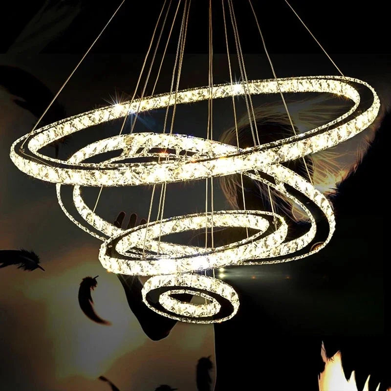 Modern LED K9 Crystal Chandelier Lights for Living Room Rings Crystal Chandelier Lighting Pendant Hanging Ceiling Fixtures