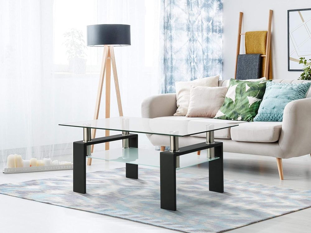 Rectangle Black Glass Coffee Table, Clear Coffee Table, Modern Side Center Tables for Living Room