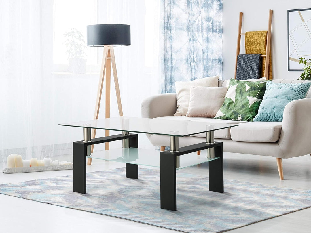 Rectangle Black Glass Coffee Table, Clear Coffee Table, Modern Side Center Tables for Living Room