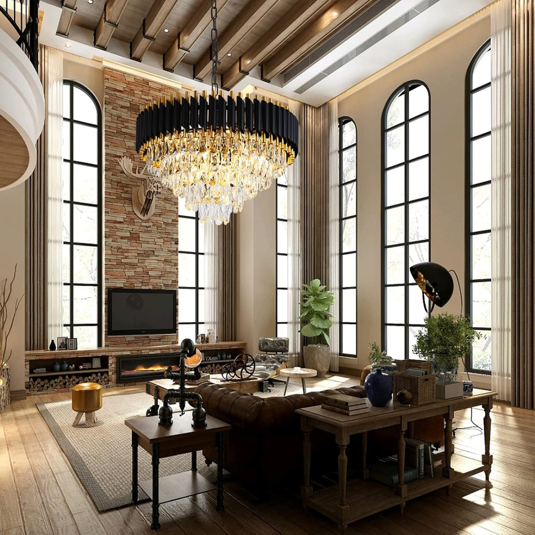 Gold Crystal Chandelier Contemporary, 24" Modern Living Room Chandeliers, K9 Crystal Ceiling Lights Fixtures, round 5 Tiers Pendant Lighting Chandelier Black for Entryway Dining Room Staircase