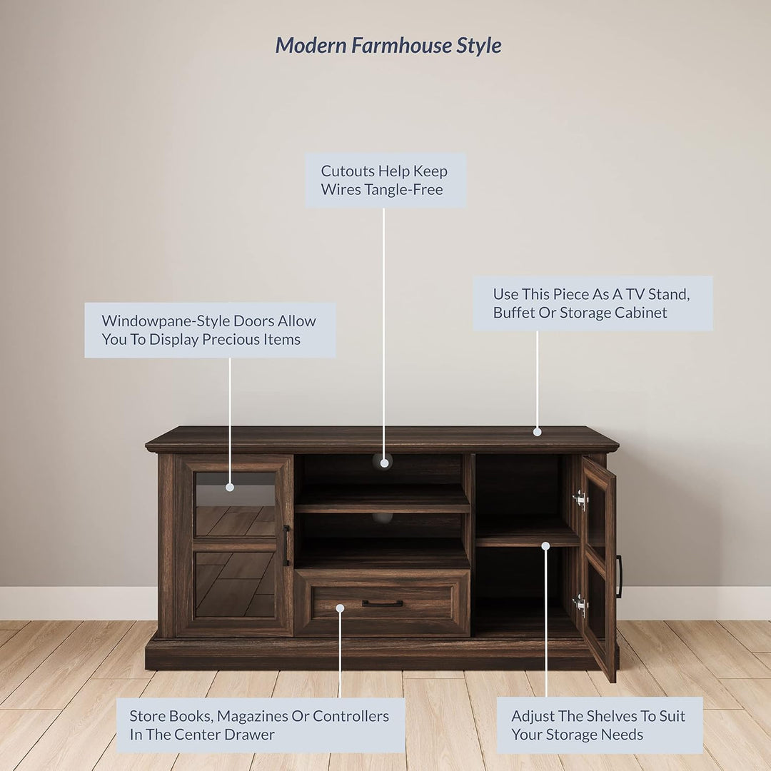 Rustic 62 Inch Modern TV Stand Fits Tvs up to 70 Inch, Storage Entertainment Center Console with Window Pane Glass Cabinet Doors and Adjustable Shelves - Trussati (Dark Walnut)