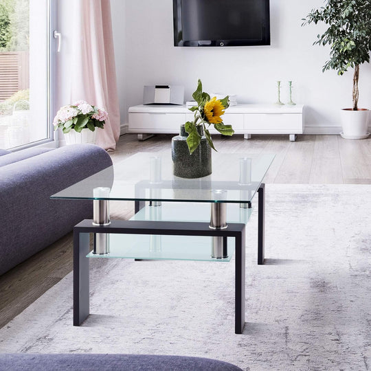 Rectangle Black Glass Coffee Table, Clear Coffee Table, Modern Side Center Tables for Living Room