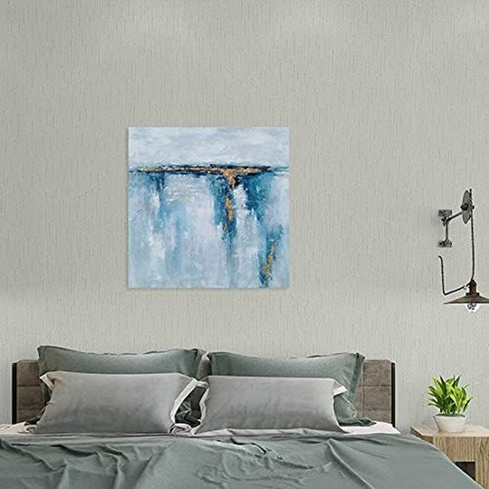 Abstract Ocean Canvas Wall Art with Gold Foil Hand Painted Modern 3D Coastal Paintings Contemporary Square Pictures for Living Room Bedroom Bathroom Decor