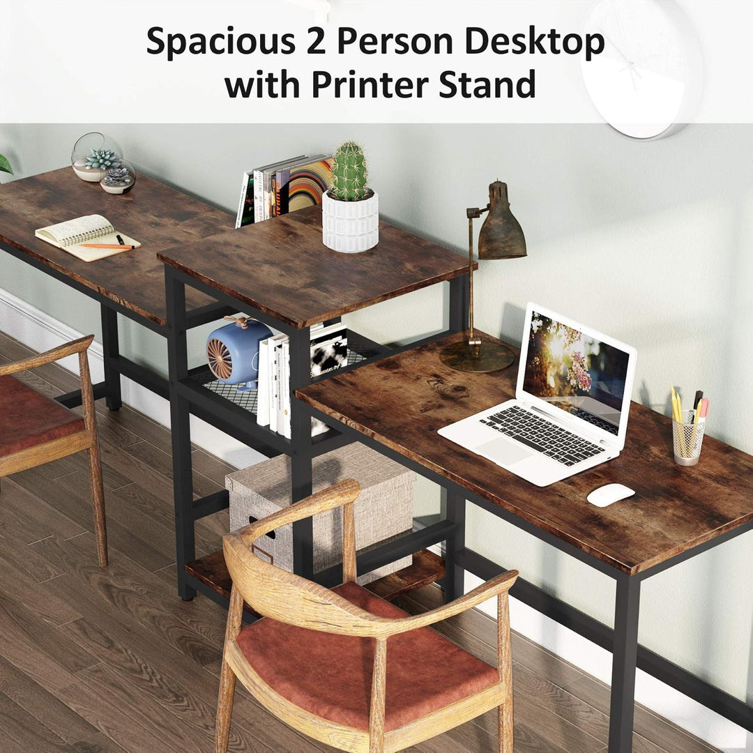 96.9" Double Computer Desk with Printer Shelf, Extra Long Two Person Desk Workstation with Storage Shelves, Large Office Desk Study Writing Table for Home Office, Dark Brown