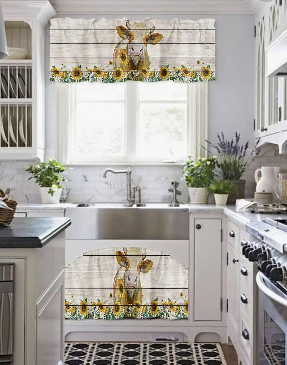 Sunflower Valances for Kitchen, Sunflower Cow Valances for Windows, Floral Kitchen Curtains Rod Pocket Bathroom Curtains Window, Kitchen Window Curtains over Sink, 54X18In Kitchen Valances for Windows