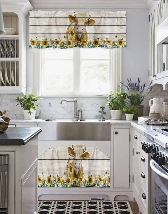 Sunflower Valances for Kitchen, Sunflower Cow Valances for Windows, Floral Kitchen Curtains Rod Pocket Bathroom Curtains Window, Kitchen Window Curtains over Sink, 54X18In Kitchen Valances for Windows