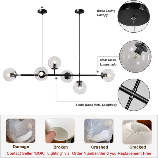 6-Light Clear Glass Globe Pendant Light Mid Century Modern Rectangular Sputnik Chandelier Vintage Black Linear Kitchen Island Dining Pendant Lighting Fixture