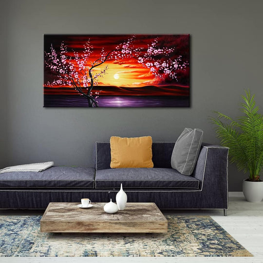 Plum Tree Blossom Flowers Extra Large Gallery Wrapped Giclee Canvas Prints Floral Landscape Pictures Paintings on Canvas Wall Art Ready to Hang for Living Room Home Decor 24X48 Inch XL