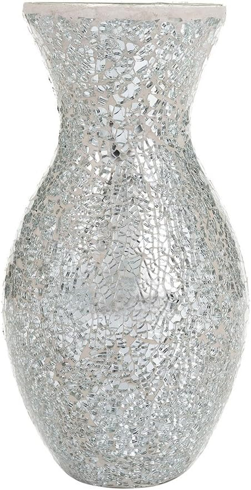 Large Vase Vases for Flowers Handmade Decorative Mosaic Glitter Sparkled Glass Gift Present Black White Silver 11" (Silver White, Small)