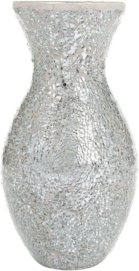 Large Vase Vases for Flowers Handmade Decorative Mosaic Glitter Sparkled Glass Gift Present Black White Silver 11" (Silver White, Small)