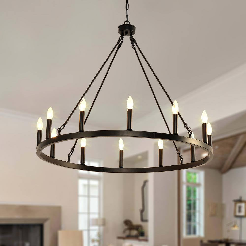12-Light Wagon Wheel Chandelier, 31 In. Black round Chandeliers Outdoor Porch Light Fixtures