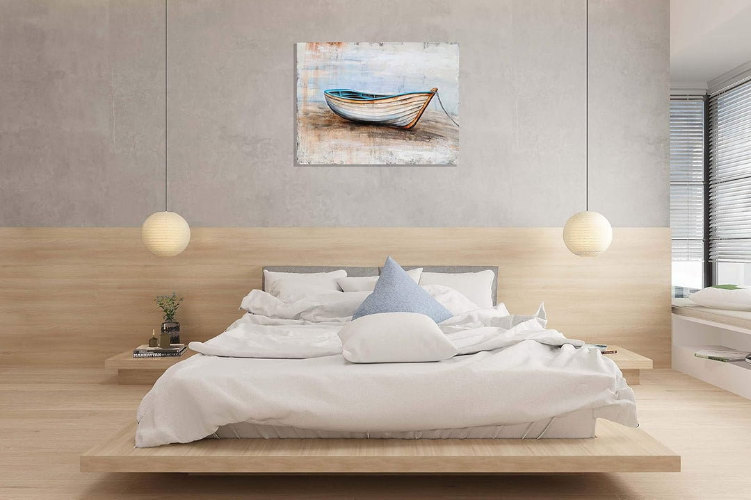 Coastal Canvas Wall Art Hand Painted Boat Still Life Painting Modern Nautical Pictures Aesthetic Artwork for Living Room Bedroom Bathroom Decor