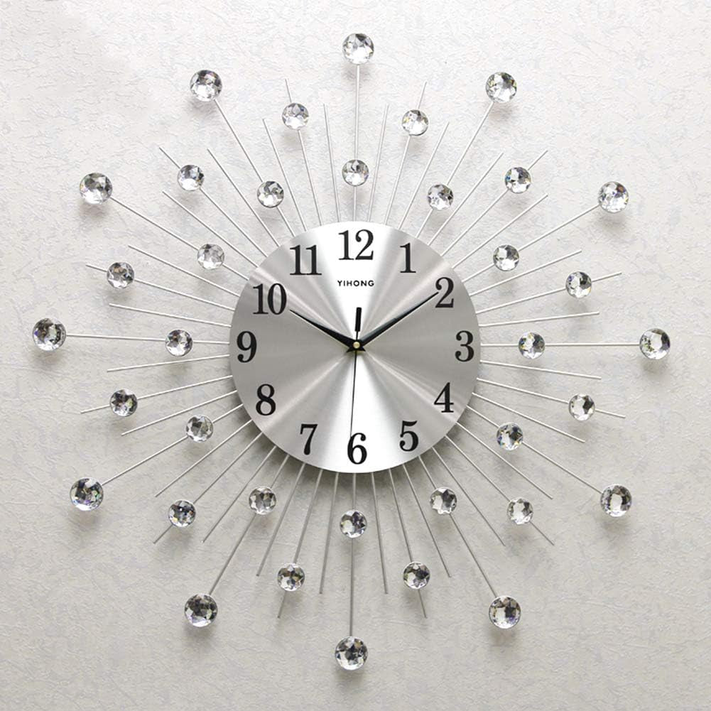 Modern Metal Crystal 3D Morden Wall Clock Design Home Decor, Decorative Silent Clock for Living Room, Bedroom, Office Space,Silver,70Cm(28In)