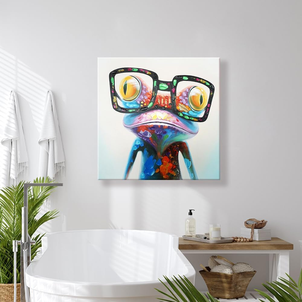 Colorful Animal Wall Art Cute Happy Frog with Glasses Painting Hip Hop Funny Canvas Picture for Kids Boy Girl Room Bathroom Nursery Office Décor 32 X 32 Inch