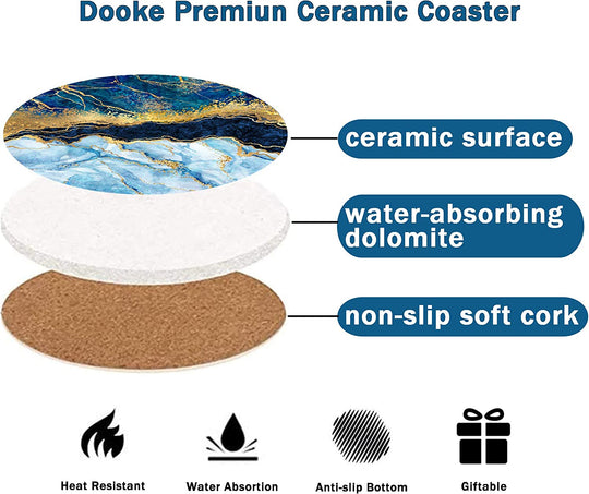 Coasters for Drinks, round Absorbent Ceramic Stone Coasters Set of 6 with Cork Base, Funny Drink Coasters with Holder for Cold Drinks Wine Mugs and Cups Tabletop Protection, 4 Inches,Navy Blue