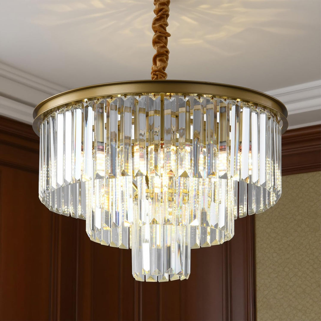 Golden Crystal Chandelier Lighting K9 Crystal round Chandelier Suspended Ceiling Light Fixture 3 Tier Suitable for Modern Dining Room Living Room Bedroom Stairs