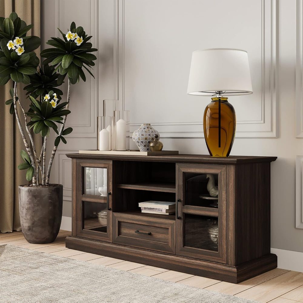 Rustic 62 Inch Modern TV Stand Fits Tvs up to 70 Inch, Storage Entertainment Center Console with Window Pane Glass Cabinet Doors and Adjustable Shelves - Trussati (Dark Walnut)