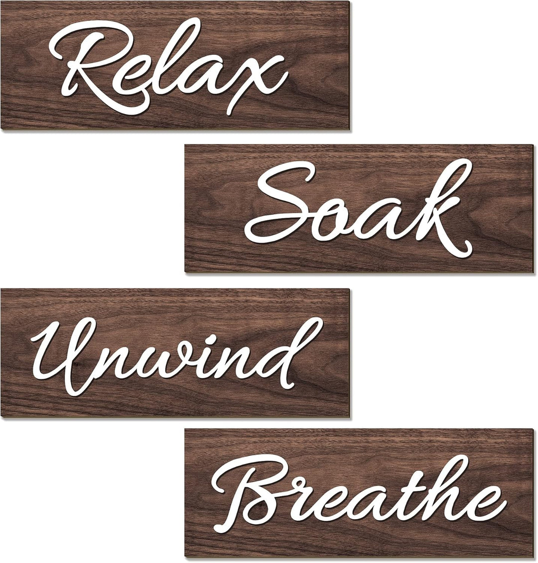 4 Pack Farmhouse Bathroom Wall Decors, Relax Soak Unwind Breathe Signs Funny Vintage Bathroom Wooden Wall Art Rustic Primitive Wooden Decorations for Home Laundry Room Bathroom, Brown Decor