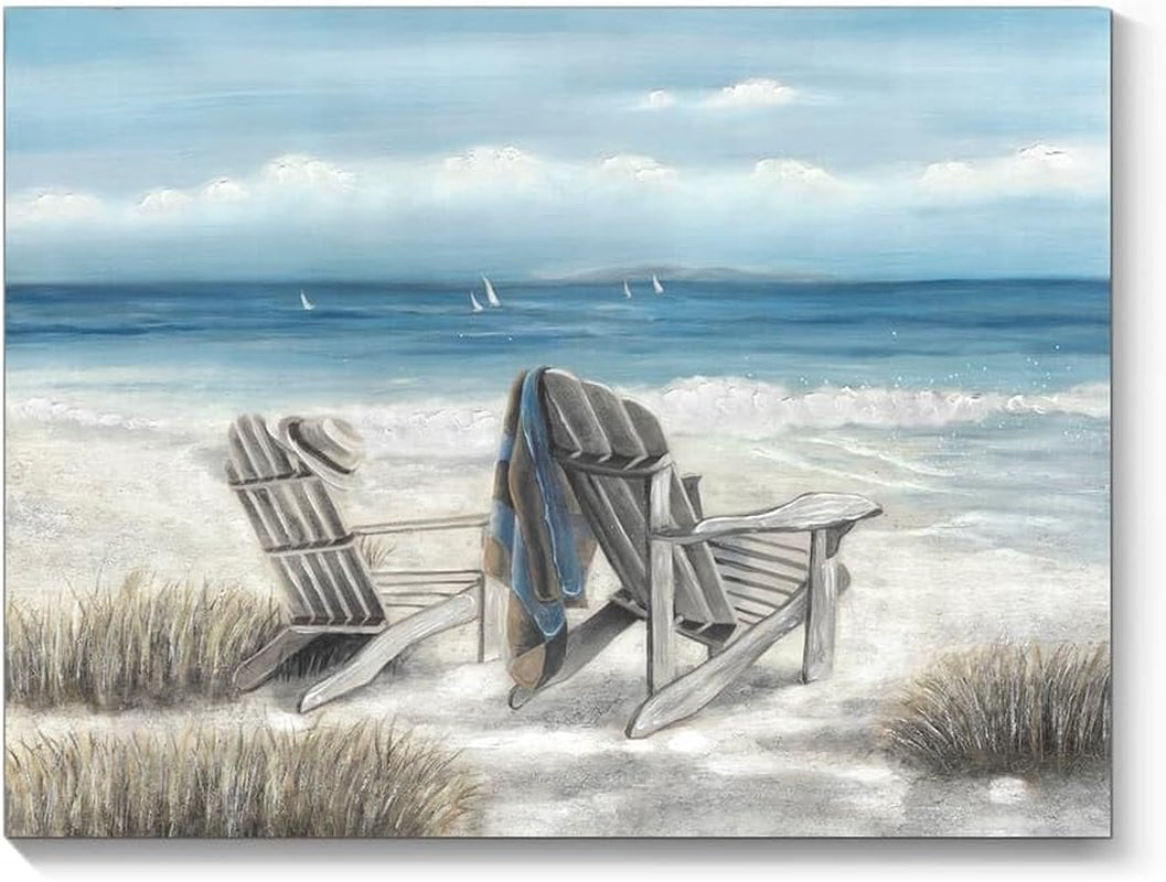 Abstract Seascape Canvas Wall Art: Beach Chair on Sand Painting Print for Bedroom (24" W X 18" H, Multiple Sizes/Material)