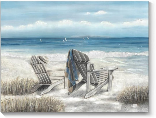 Abstract Seascape Canvas Wall Art: Beach Chair on Sand Painting Print for Bedroom (24" W X 18" H, Multiple Sizes/Material)