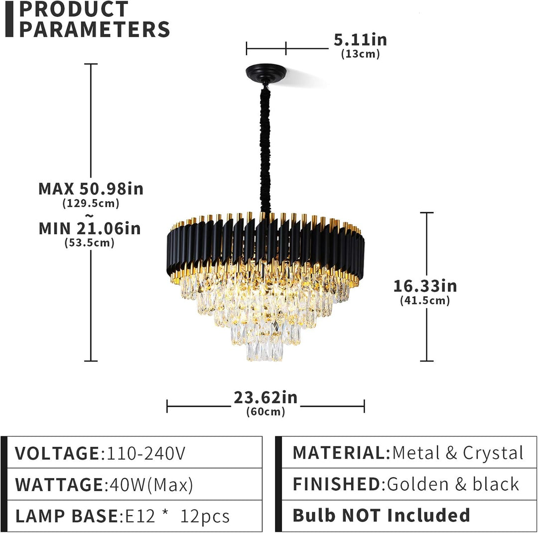 Gold Crystal Chandelier Contemporary, 24" Modern Living Room Chandeliers, K9 Crystal Ceiling Lights Fixtures, round 5 Tiers Pendant Lighting Chandelier Black for Entryway Dining Room Staircase
