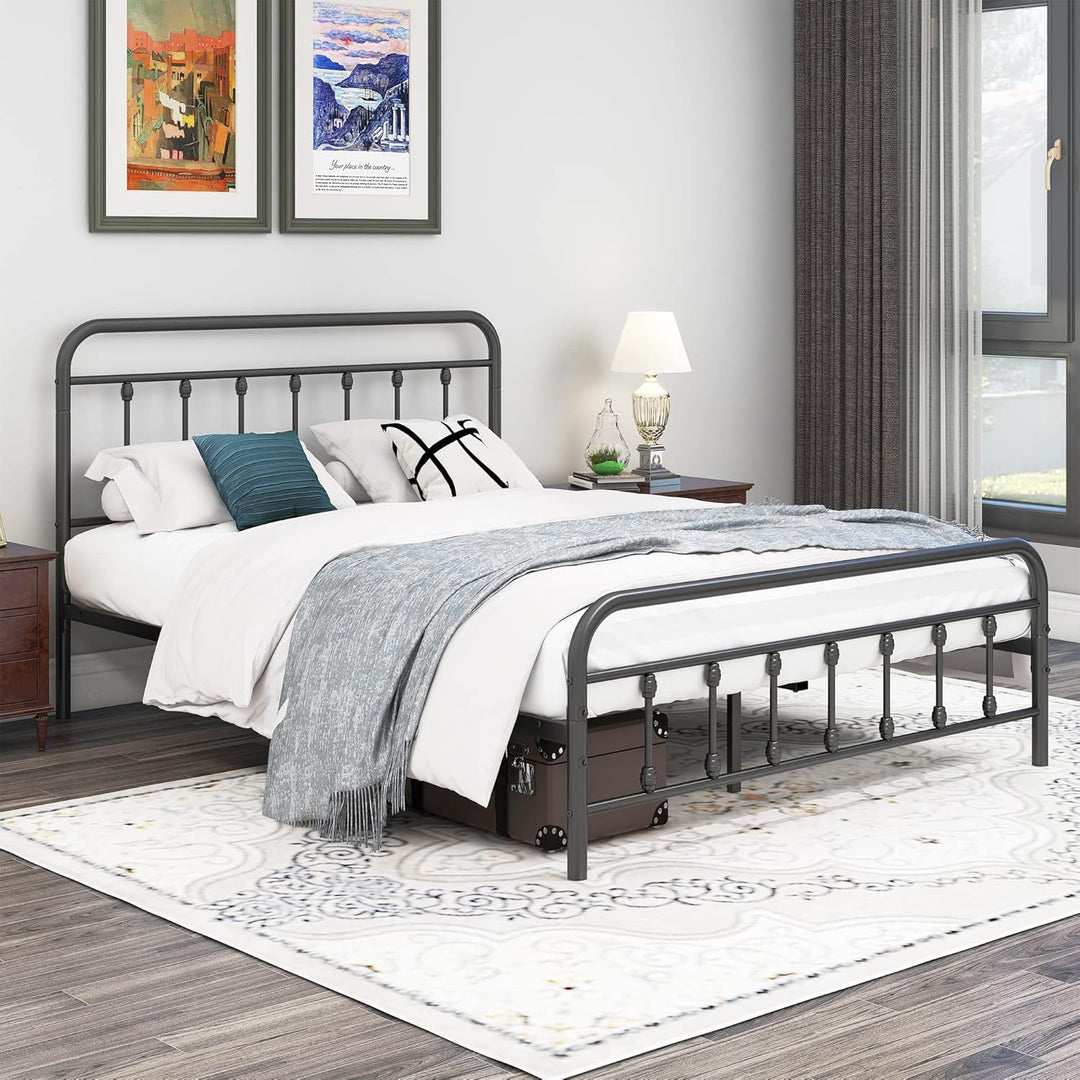 Metal Queen Bed Frame with Headboard and Footboard Farmhouse Platform Bed Frame Queen Size under Bed Storage No Box Spring Needed, Textured Black