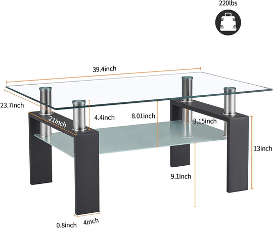 Rectangle Black Glass Coffee Table, Clear Coffee Table, Modern Side Center Tables for Living Room