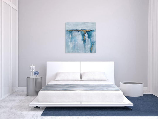 Abstract Ocean Canvas Wall Art with Gold Foil Hand Painted Modern 3D Coastal Paintings Contemporary Square Pictures for Living Room Bedroom Bathroom Decor