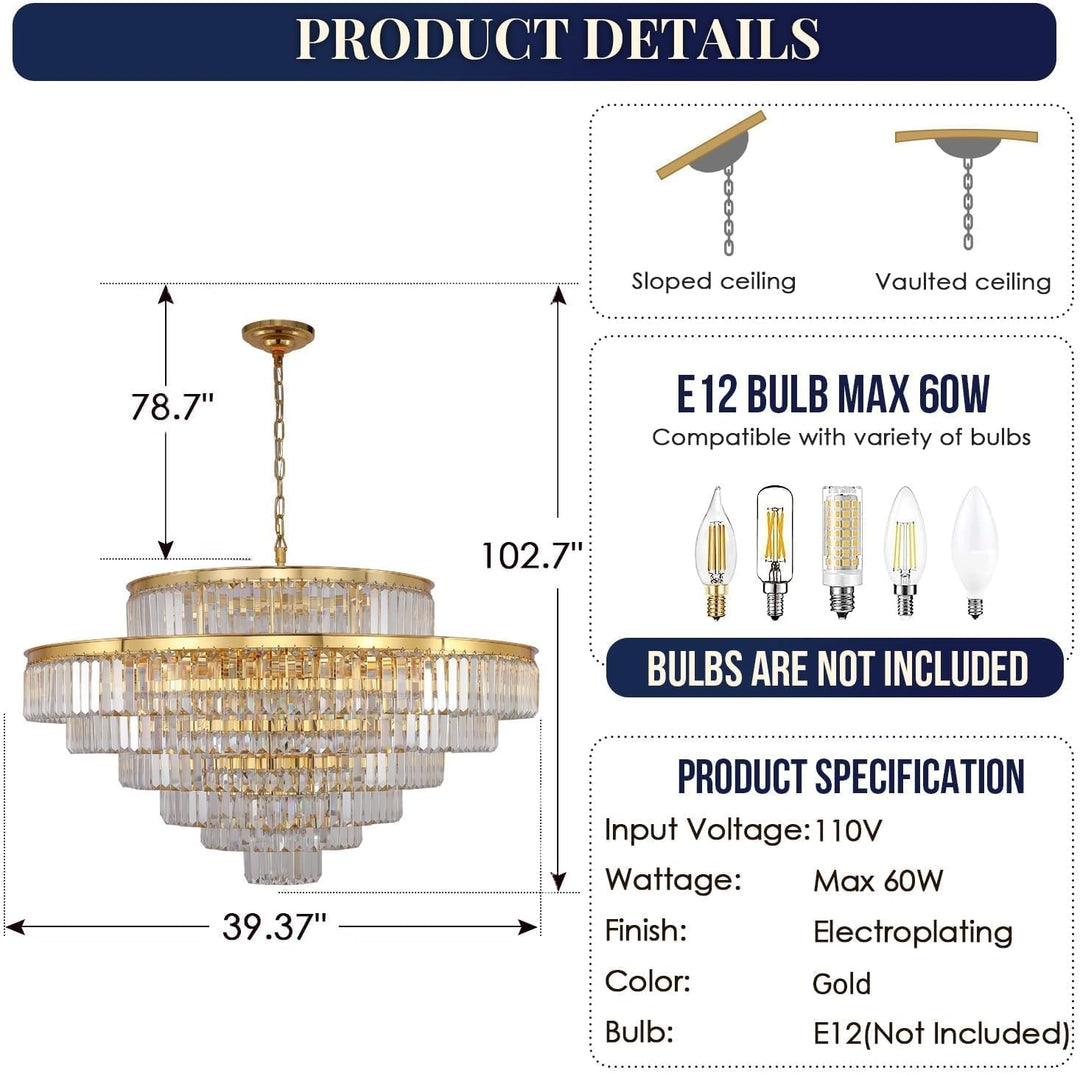 Large Crystal Chandeliers Gold Chandelier Luxury Pendant Ceiling Lights Fixture Hanging Raindrop Pendant Light Fixture for Dining Room Bedroom Living Room, 39 Inch