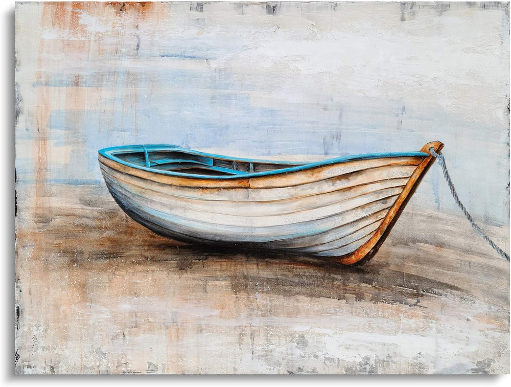 Coastal Canvas Wall Art Hand Painted Boat Still Life Painting Modern Nautical Pictures Aesthetic Artwork for Living Room Bedroom Bathroom Decor