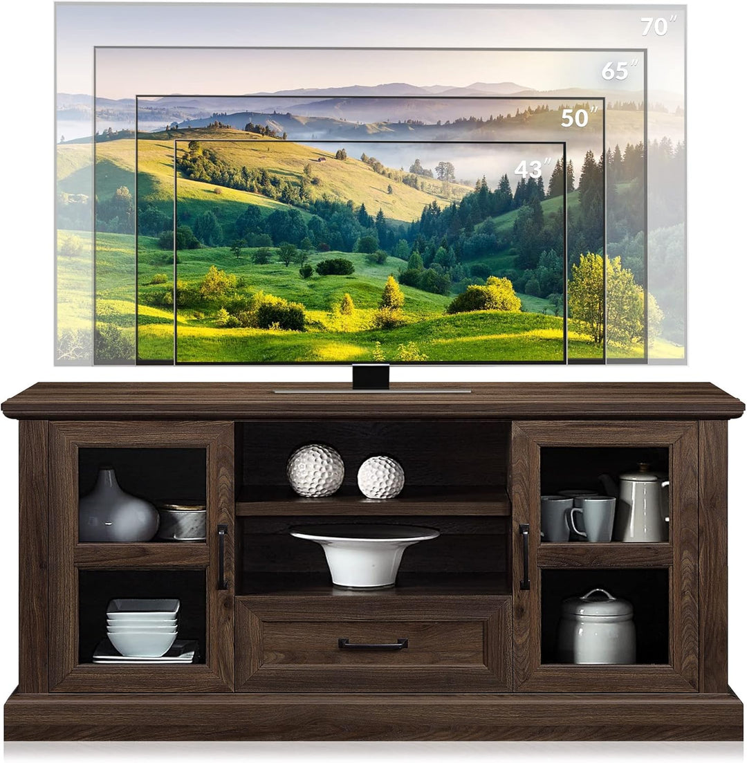 Rustic 62 Inch Modern TV Stand Fits Tvs up to 70 Inch, Storage Entertainment Center Console with Window Pane Glass Cabinet Doors and Adjustable Shelves - Trussati (Dark Walnut)