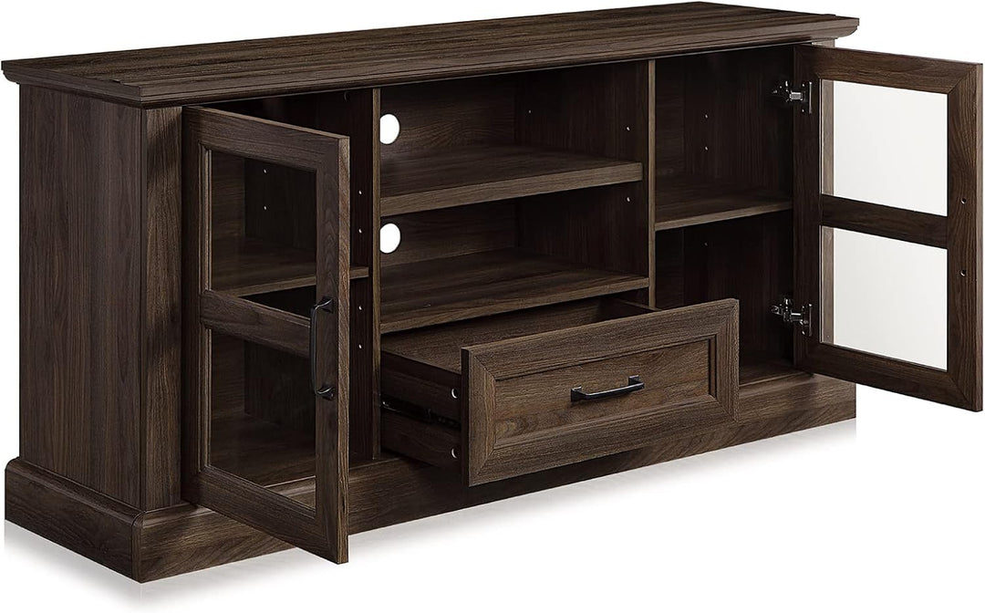 Rustic 62 Inch Modern TV Stand Fits Tvs up to 70 Inch, Storage Entertainment Center Console with Window Pane Glass Cabinet Doors and Adjustable Shelves - Trussati (Dark Walnut)