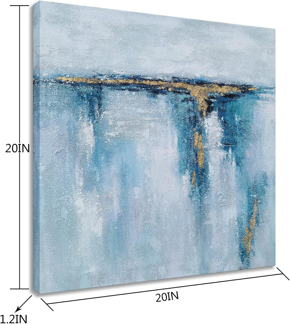 Abstract Ocean Canvas Wall Art with Gold Foil Hand Painted Modern 3D Coastal Paintings Contemporary Square Pictures for Living Room Bedroom Bathroom Decor