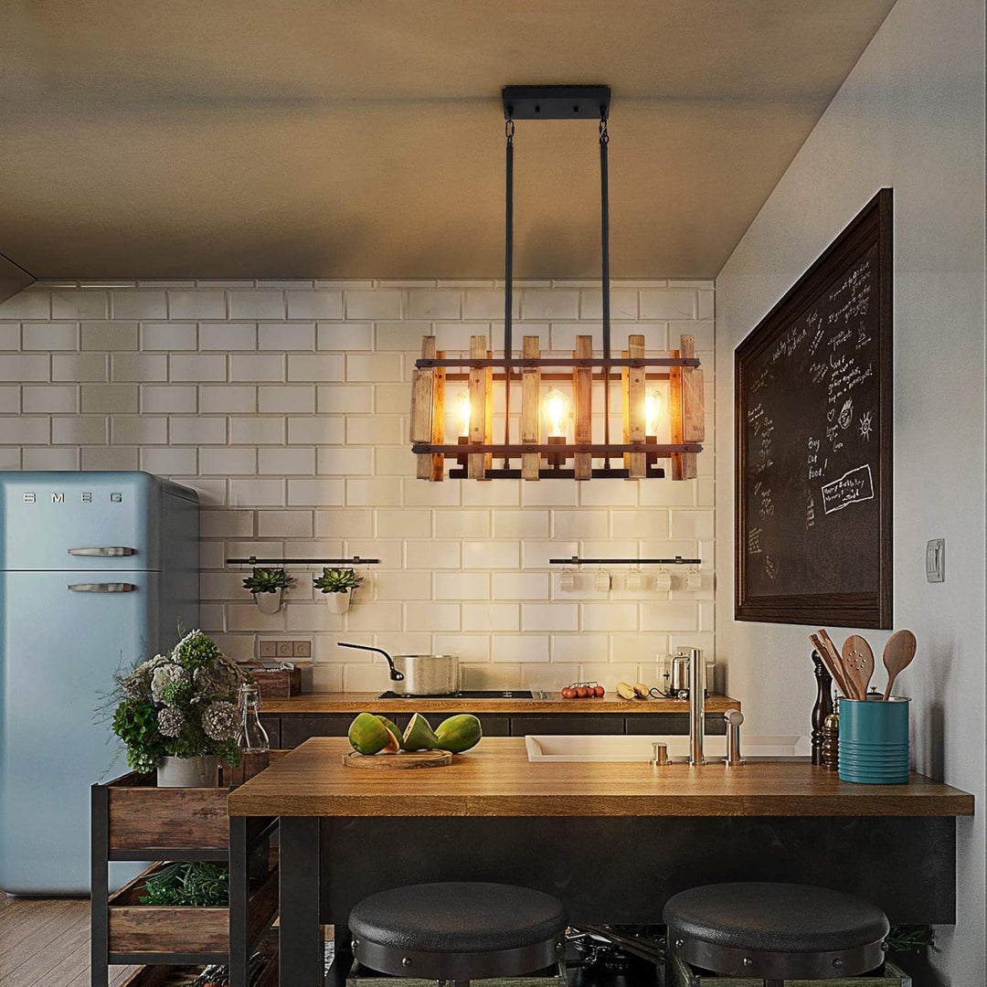 Rustic Farmhouse Pendant Light 3-Light Kitchen Island Lighting Fixture Rectangular Wood Cage Hanging Chandelier Lights for Dining Room Kitchen Island