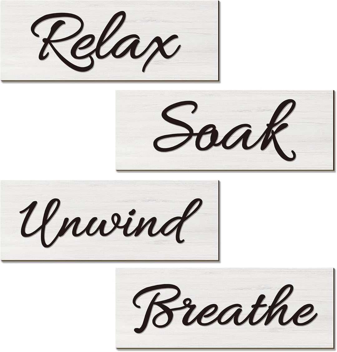 4 Pack Farmhouse Bathroom Wall Decors, Relax Soak Unwind Breathe Signs Funny Vintage Bathroom Wooden Wall Art Rustic Primitive Wooden Decorations for Home Laundry Room Bathroom, White Decor