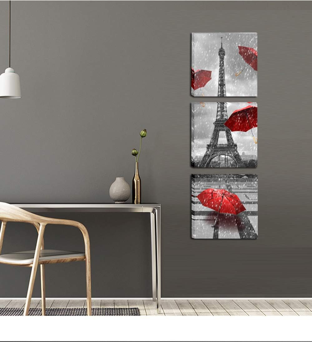Paris Eiffel Tower Canvas Wall Art Decor Red Umbrellas Poster Prints Pictures Artwork for Bedroom Bathroom Living Room Ready to Hang 12X12Inchx3