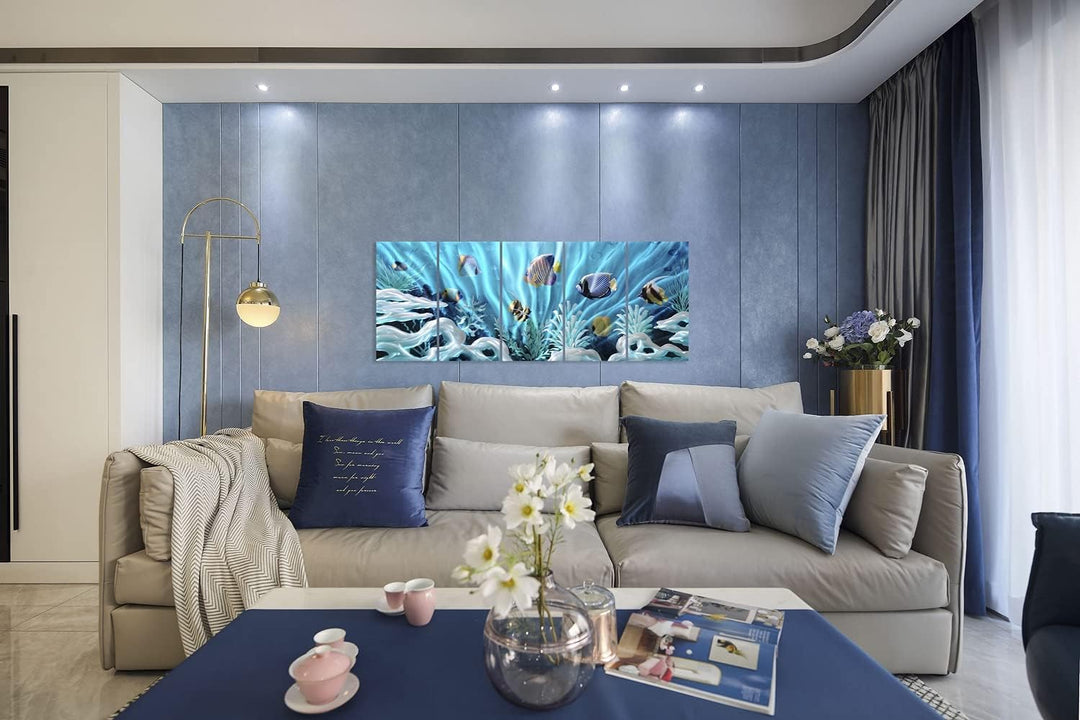 Fish Metal Wall Art Hand Crafted Large 3D Sea Life Pictures Modern Abstract Coastal Aluminum Artwork Contemporary Sculpture for Living Room Bedroom Dinning Decor