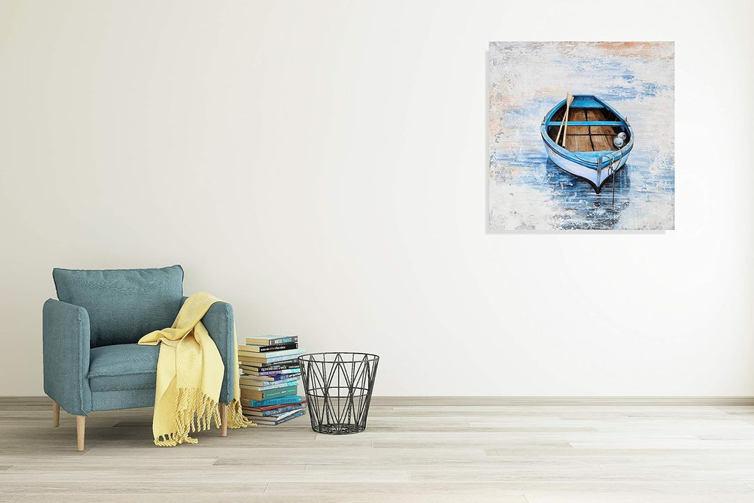 Coastal Canvas Wall Decor Hand Painted Light Blue Sailing Boat Painting Square Pictures Modern Abstract Nautical Artwork for Living Room Bedroom Bathroom Decoration