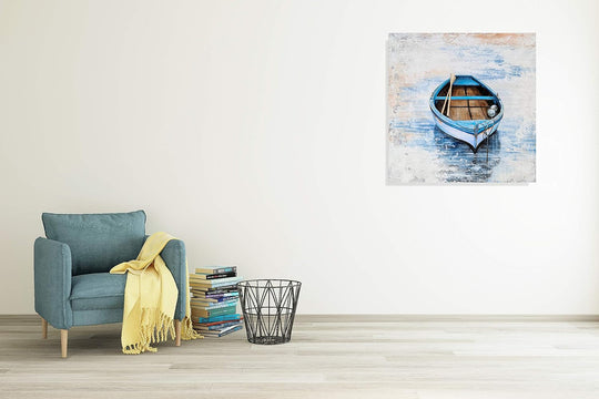 Coastal Canvas Wall Decor Hand Painted Light Blue Sailing Boat Painting Square Pictures Modern Abstract Nautical Artwork for Living Room Bedroom Bathroom Decoration