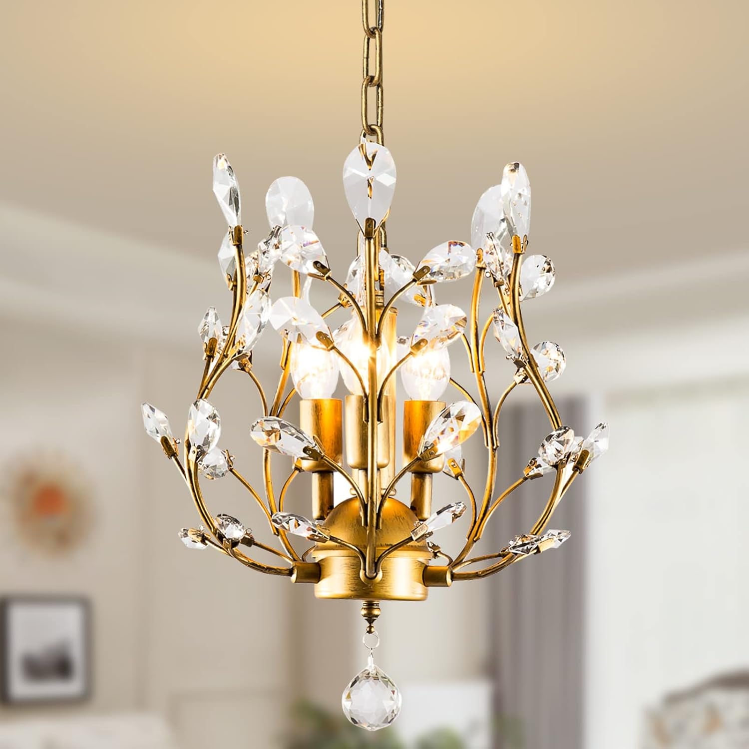 Crystal Chandeliers,K9 Crystal Pendant Light with 3-Light Chandelier Lighting Fixtures,Ceiling Light for Living Room Bedroom Restaurant Hallway (Gold)