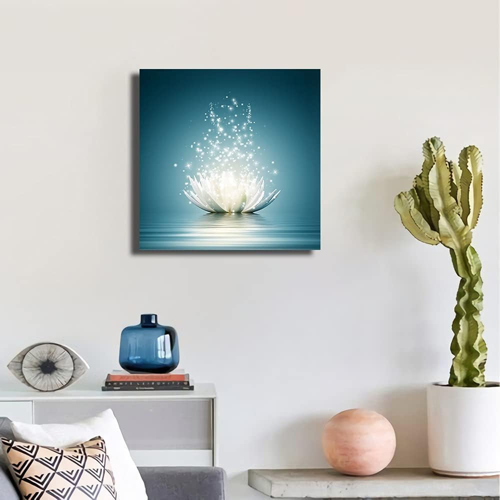 Blue Lotus Flower Wall Art Zen Decor Spiritual Meditation Yoga Magic Pictures for Bedroom Bathroom Home Decoration Canvas Stretched and Framed Ready to Hang 12X12 Inch