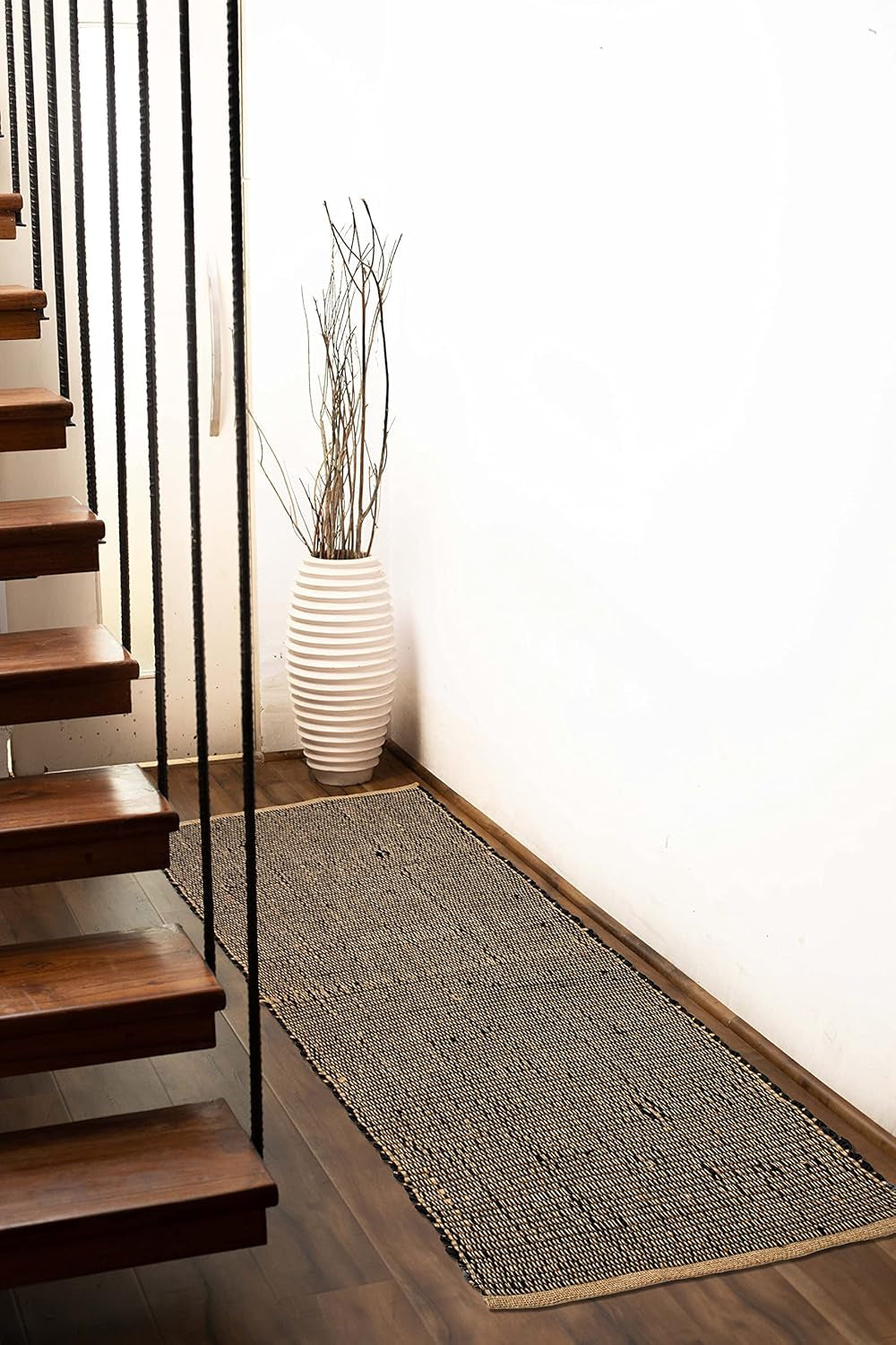 Jute and Rust Cotton Runner Rug – 2X5 Ft Handwoven Reversible Rug – Boho Farmhouse Hallway or Entryway Accent – Rustic Country Decor in Black and Natural Jute