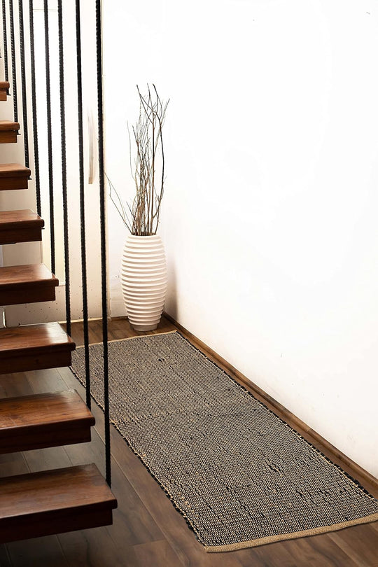 Jute and Rust Cotton Runner Rug – 2X5 Ft Handwoven Reversible Rug – Boho Farmhouse Hallway or Entryway Accent – Rustic Country Decor in Black and Natural Jute