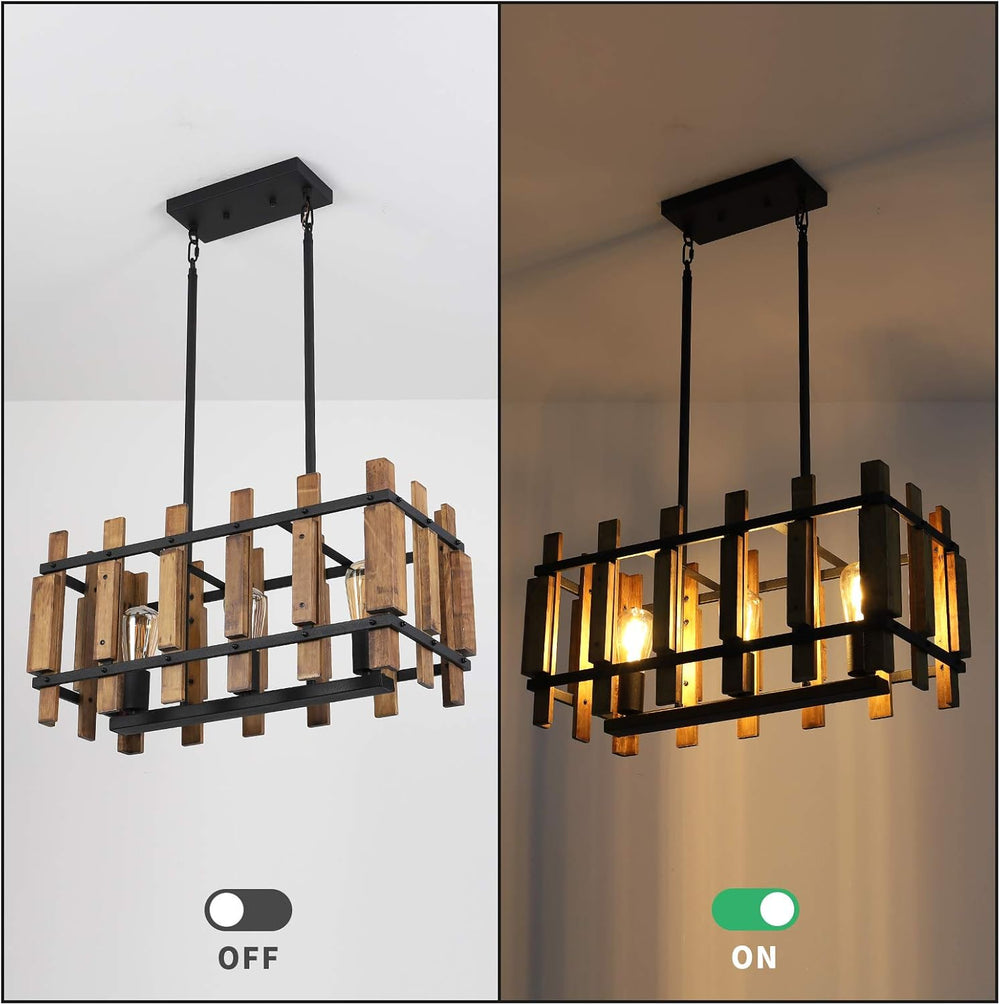Rustic Farmhouse Pendant Light 3-Light Kitchen Island Lighting Fixture Rectangular Wood Cage Hanging Chandelier Lights for Dining Room Kitchen Island